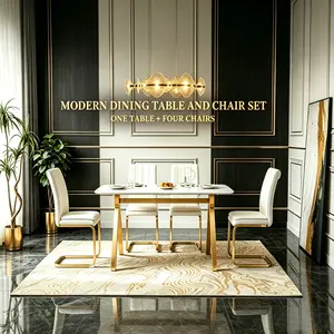 [2 Packages]Dining Table Set of 5,51" Modern Marble Tempered Glass Table & 4 PU Leather Chairs with Golden Metal Legs,Luxury White&Gold Aesthetic for Home Kitchen,Durable&Sturdy