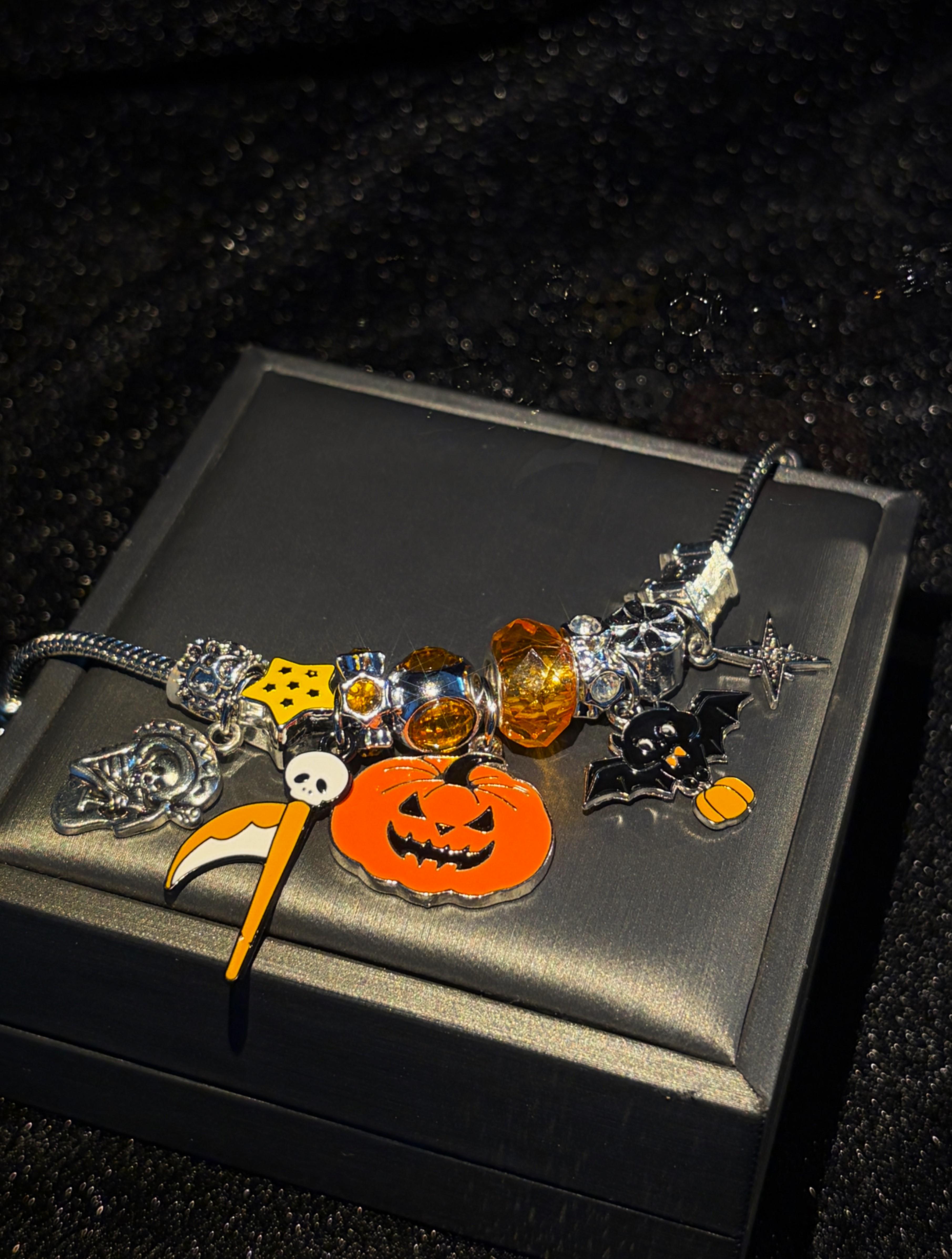 Halloween Charm Bracelet, Silver Tone Snake Chain Bracelet with Pumpkin Bat Scythe Star Enamel Charms, DIY Large Hole Beads Costume Jewelry Gift for Women Teen Girls