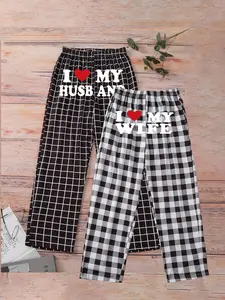 Couple Matching Pajama Pants Set, Loungewear, I Love My Wife I Love My Husband Graphic Print, Classic Black White Plaid Design, Ultra Soft Breathable Cotton Fabric, High Waist Elastic Waistband, Loose Fit Sleepwear Bottoms, Perfect for Valentine's