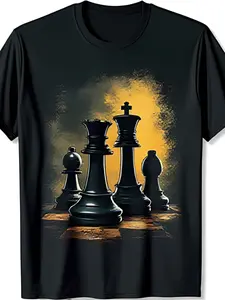 1pc Men'S Chess-Themed Cotton T-Shirt, 100% Cotton, Crew Neck, Medium Stretch, Regular Fit, Fashion Print, Knit Fabric, for Daily Wear & Sports