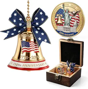 U.S. 250th Anniversary (1776–2026) Liberty Bell Ornament & Commemorative Coin Set – Wooden Presentation Box – Semiquincentennial Collectible for Home, Office, or Patriotic Gift
