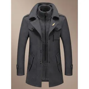 Men's Fashion Double Collar Mixed Fiber Long Coat, Zipper and Pocket Design, Warm and Durable, Suitable for Business or Casual Autumn/Winter, Casual Fashionable Jacket