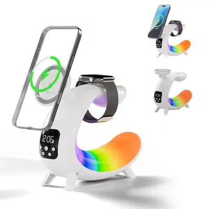 6-in-1 Wireless Charging Station 15W Fast Charger with Bluetooth Speaker Digital Clock & RGB Mood Light for iPhone 13-17 Apple Watch AirPods Android Phones Perfect Desk Organizer Gift
