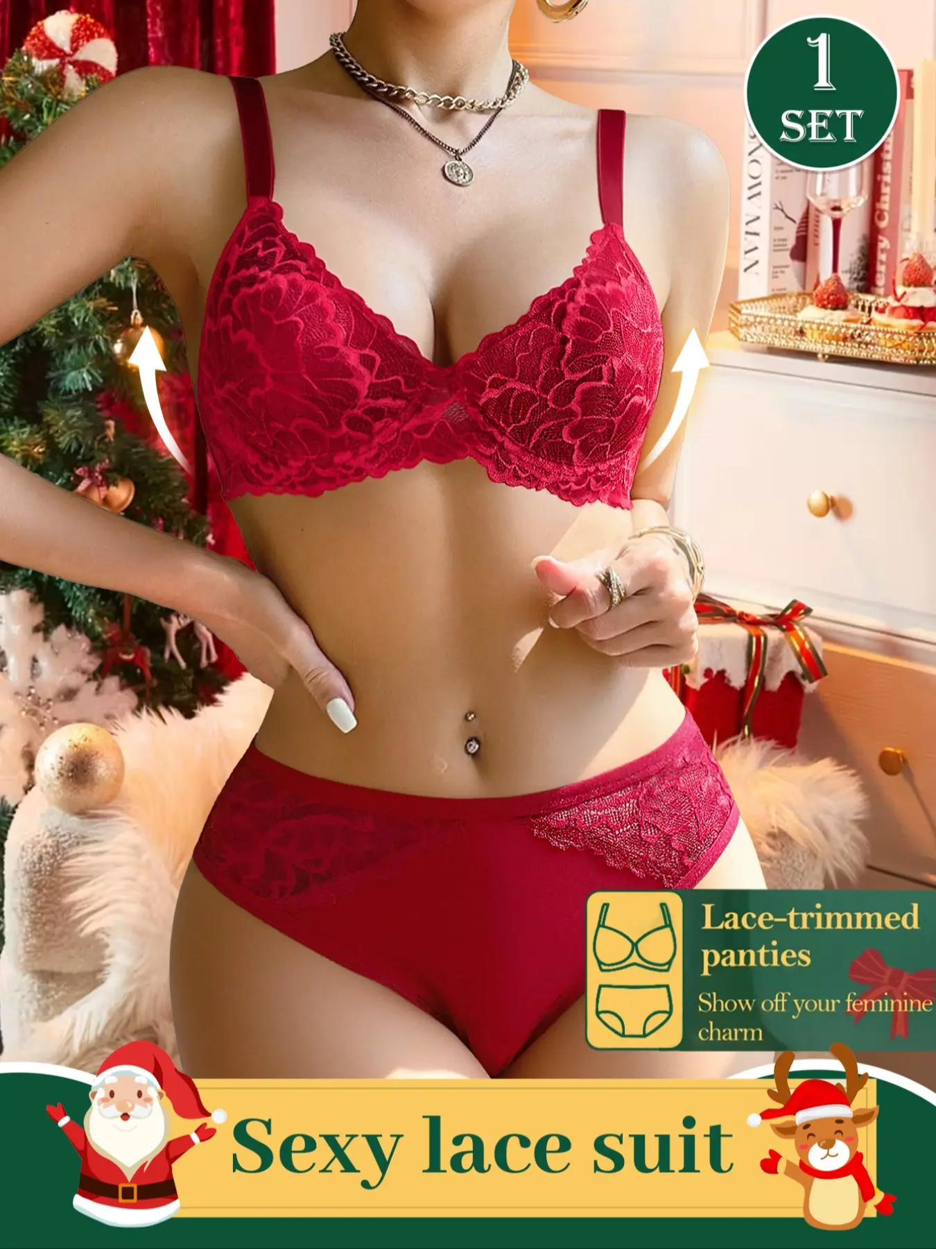 Christmas Lace Lingerie Set, New Women's Sexy Floral Lace Push-Up Bra and Panty Set, Adjustable Straps, Full Coverage, Perfect for Holidays