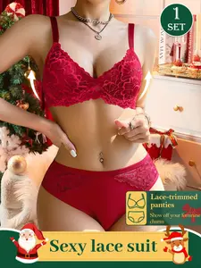 Christmas Lace Lingerie Set, New Women's Sexy Floral Lace Push-Up Bra and Panty Set, Adjustable Straps, Full Coverage, Perfect for Holidays
