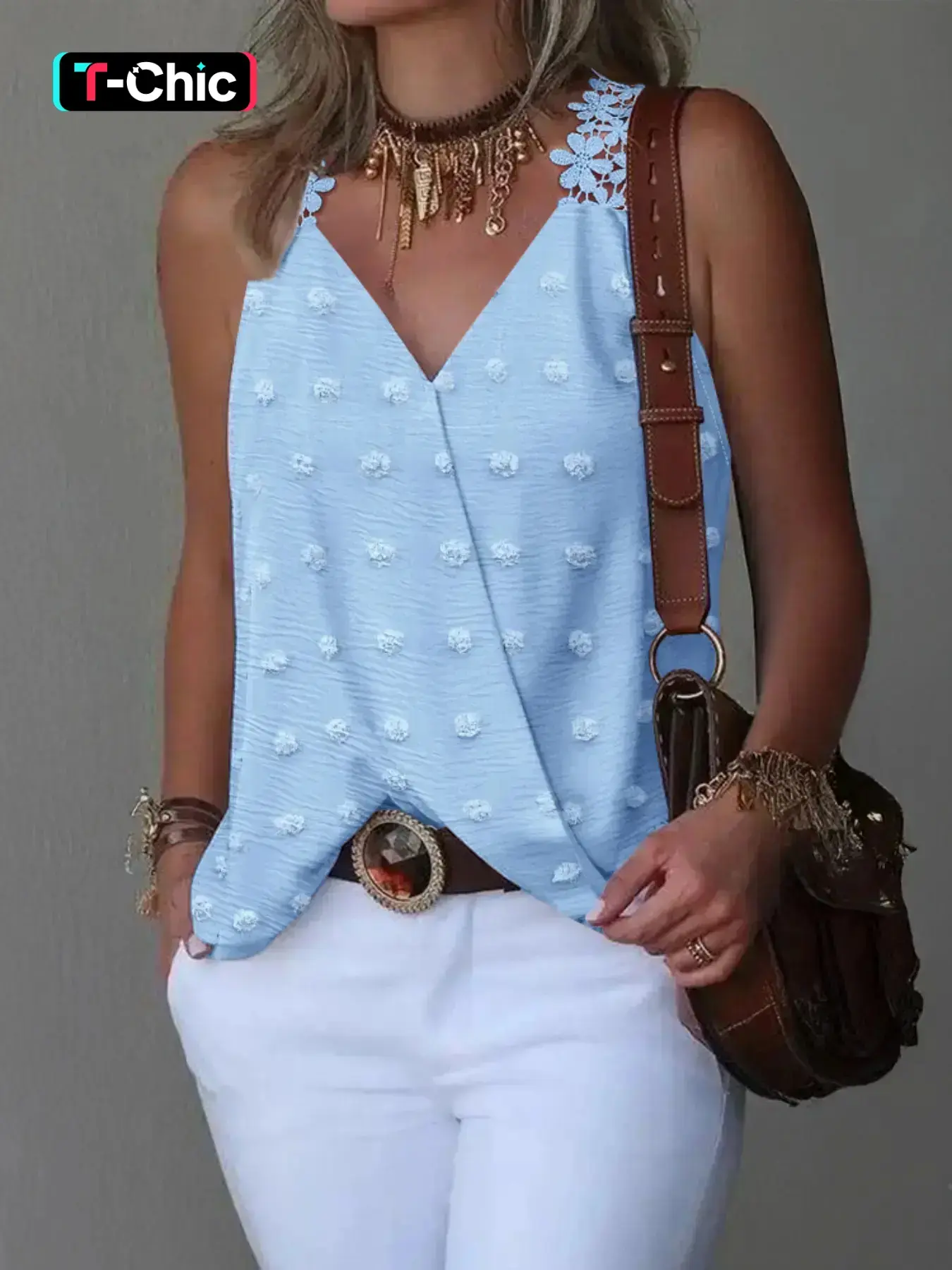 Fashion Women's Polka Dot Jacquard Spaghetti Strap Top, Casual Sleeveless Blouse, Elegant Cross Design, Perfect for Spring & Summer