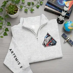Artemis 2 Mission Quarter Zip Embroidered Sweatshirt, Rocket Fan Gift, Return To The Moon, Space Crewneck, Astronaut Sweatshirt