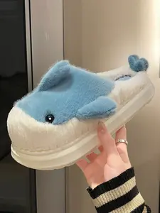 1 pair of fashionable home bedroom warm slippers for women, thick sole flat heel soft sole cute whale fur women's slippers
