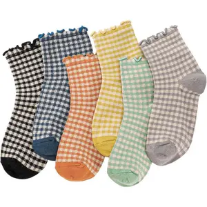 Women Ruffle Striped Frilly Socks, Cute Checkered Ankle Sock for Women Cotton Knit Casual Crew Socks Size 5-9
