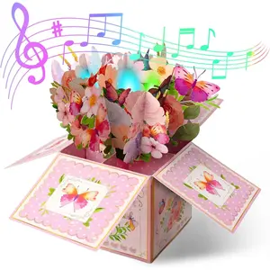 3D Pop Up Birthday Cards with Music, Warming LED Light Musical Happy Birthday Gift Box for Her, Flowers and Butterflies, Handmade Foldable Flower Box with Envelope for Mom Wife Daughter