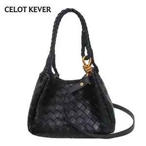 CELOT KEVER Woven Pattern Bucket Bag Fashion Niche High-end Sense Vegetable Basket Bag Soft Leather Commuting Handheld Crossbody Bag for Women