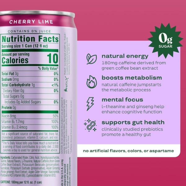 Sparkling Energy Drink - Natural Caffeine, Zero Sugar, 180mg Caffeine - Antioxidant-Rich w/Green Coffee Bean, Green Tea Extract, Prebiotics - Cherry Lime - 12oz 12 pk Sparkling Energy Drink - Natural Caffeine, Zero Sugar, 180mg Caffeine - Antioxidant-Rich w/Green Coffee Bean, Green Tea Extract, Prebiotics - Cherry Lime - 12oz 12 pk
