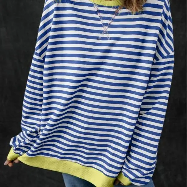 Women's Stripe Oversized Contrast Trim Pullover Sweatshirt