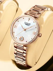 Kassaw Women's Mechanical Watch, Pearl Dial, Diamond Bezel, Rose Gold Strap, Gentle Fairy Style, Perfect for Dating and Commuting
