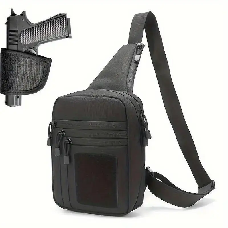 Men's Black Discreet Concealed Gun Carry Backpack - Nylon Strap, Zipper Closure, Built-in Removable & Adjustable Loop Holster, Fully Hidden Internal Carry Design, Adult Small Pistol Crossbody Shoulder Bag for Hunting, Travel, Sports, Sling Bag, Concealed,
