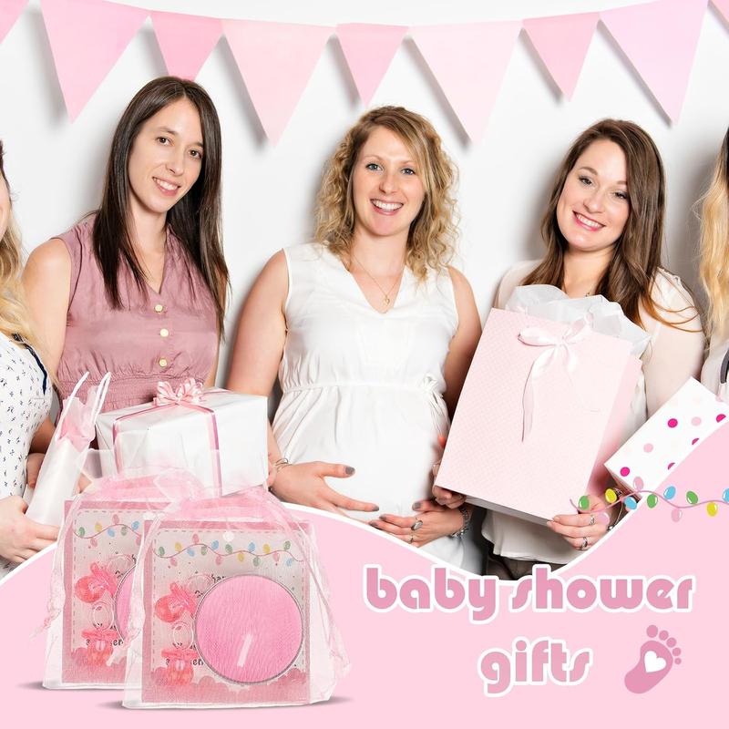 50 Sets Baby Shower Favors for Guests – Pink Pacifier, Tea Light Candles & Thank You Tags in Chiffon Bags – Bulk Gender Reveal & Birthday Party Supplies Gifts