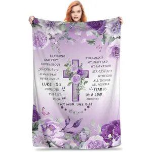 Christian Religious Bible Verse Scripture Prayer Jesus Cross Purple Flower Butterfly Soft Throw Blankets Flannel Blanket, Spiritual Gifts For Women/Men, Personalized Fuzzy Blankets For Adults 40"X 30"a