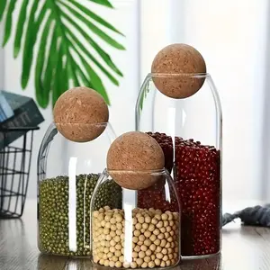 3PCS Glass Food Storage Jars with Natural Cork Ball Lid Airtight Clear Glass Containers for Tea Coffee Pasta Spices Candy & Nuts 580ml 900ml 1200ml
