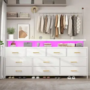55-Inch Wide Dresser With 10 Fabric Drawers, TV Stand With LED Lights & Power Outlets - Metal Frame Large Dresser For Bedroom, Ivory White