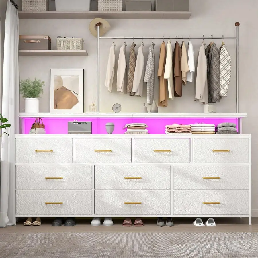 55-Inch Wide Dresser With 10 Fabric Drawers, TV Stand With LED Lights & Power Outlets - Metal Frame Large Dresser For Bedroom, Ivory White - TikTok Shop 55-Inch Wide Dresser With 10 Fabric Drawers, TV Stand With LED Lights & Power Outlets - Metal Frame Large Dresser For Bedroom, Ivory White - TikTok Shop