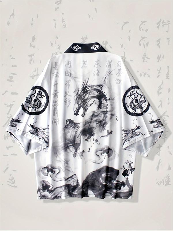 Men's Hanfu Open Front Cardigan, Loose Fit Lightweight Breathable Kimono Style Shirt, Japanese Dragon Print Streetwear Casual Wear
