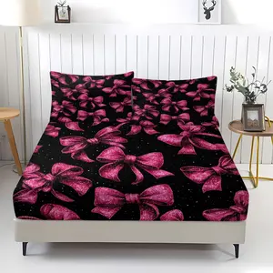 Black Pink Bow non Fading Fitted Sheet,suitable for Girls and Women's Home Bedding Set,Including 1 Bed Sheet and 2 Pillowcases,Anti Slip Dust Cover Suitable for Bedrooms and Guest Rooms,Suitable for Personal Use or Gift Giving