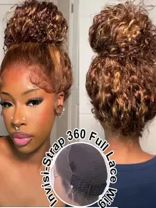 Highlight Invisi-Strap 360 Full Lace Wig Glueless Human Hair Ombre 4/27 Pre Plucked Deep Curly Lace Wig Colored 360 Lace Frontal Wig