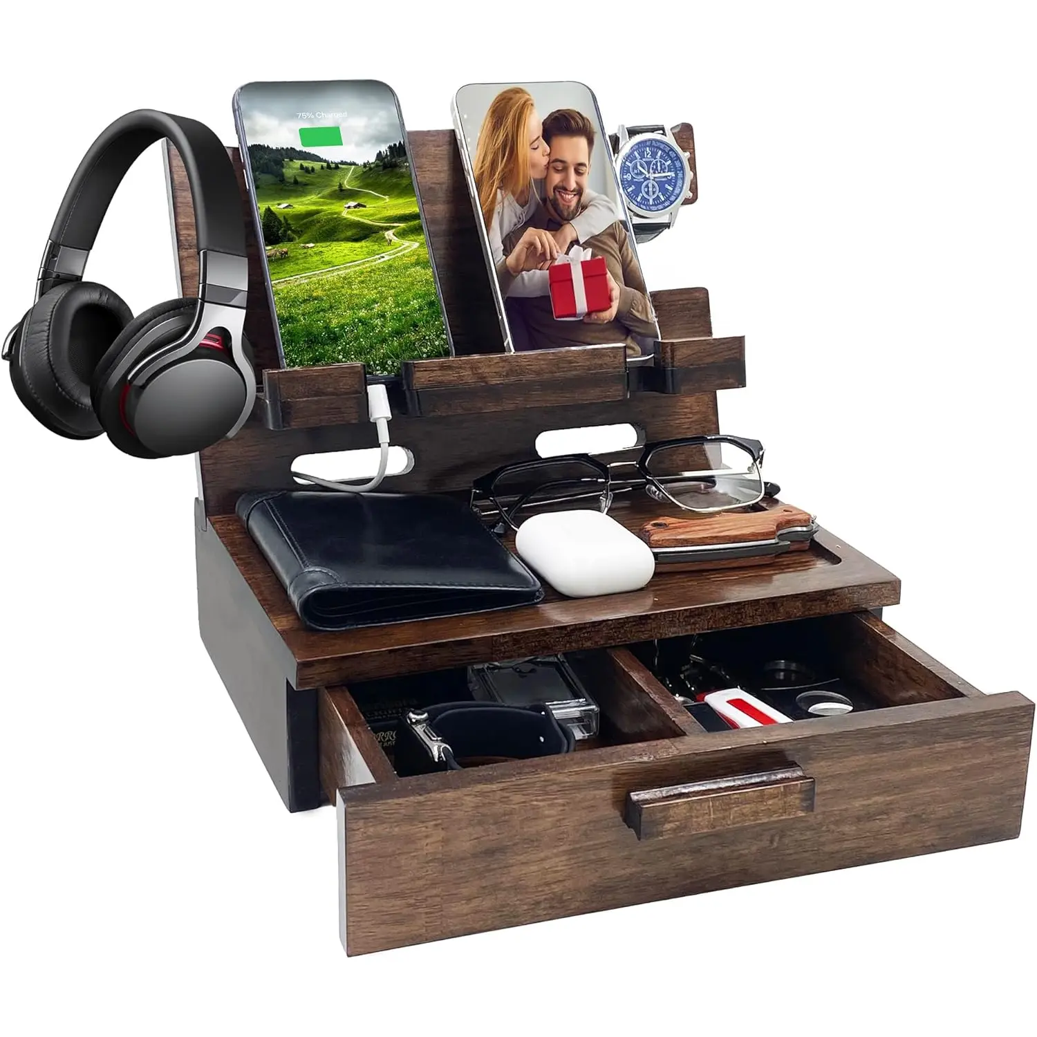 Gifts for Men Women Husband Son Boyfriend Him Nightstand Organizer  Phone Docking Station Birthday Gifts (Walnut)