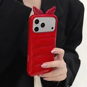 3D Wings Glossy Leather Down Case For iPhone 17 16 15 14 Pro Max Ins Creative Soft Shockproof Protection Cover Girls Gift Shell