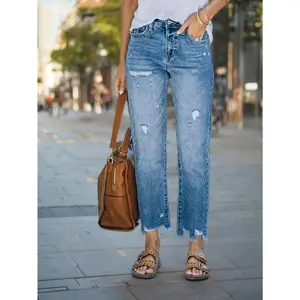 Women's straight leg jeans, high waisted loose jeans, casual ripped denim pants, wide leg jeans