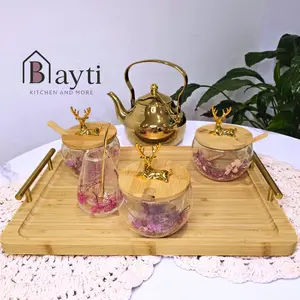 Blayti Wooden Mate Set Floral Sugar Pot Double Glass with High Quality Stainless Tea Pot and Gold Deer Decor