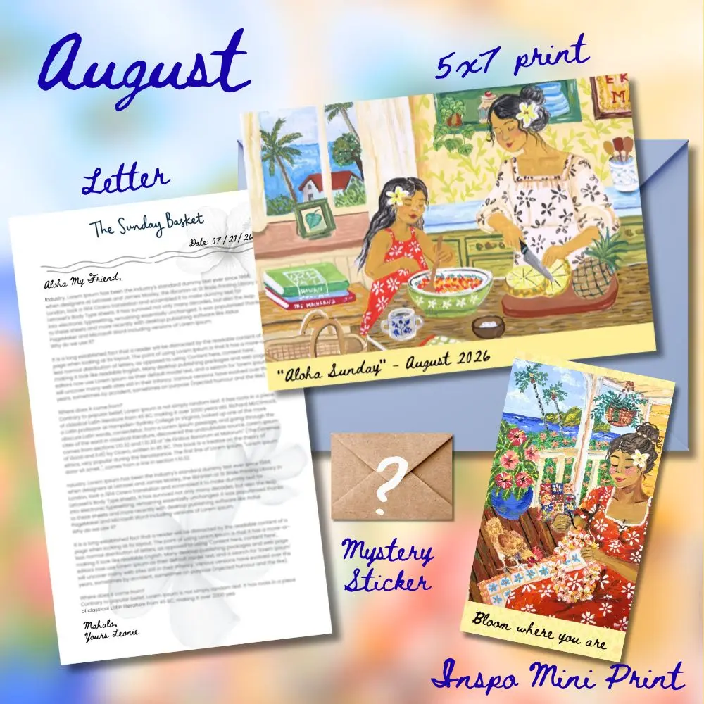 Hawaiian Art Prints (Signed) sent via Snail Mail (includes 5x7 Art print, Mystery Sticker, Inspo- Mini Print and a Letter)