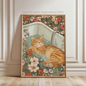 1pc , Cute Orange Cat In Tub Wall Art , Bathroom Floral Wall Art , Wall Decor , Colorful Poster , Cat Lover Print , Botanical Wall Art, Modern Canvas Poster, Animals Decor For Home-Living Room, Bed Room, Hallway Decoration ,Bathroom Gifts Birthday