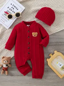 Baby Girl Knitted Romper Set with Bear Patch and Button Design, Cute Toddler, Warm and Comfortable, Ideal for Daily Wear