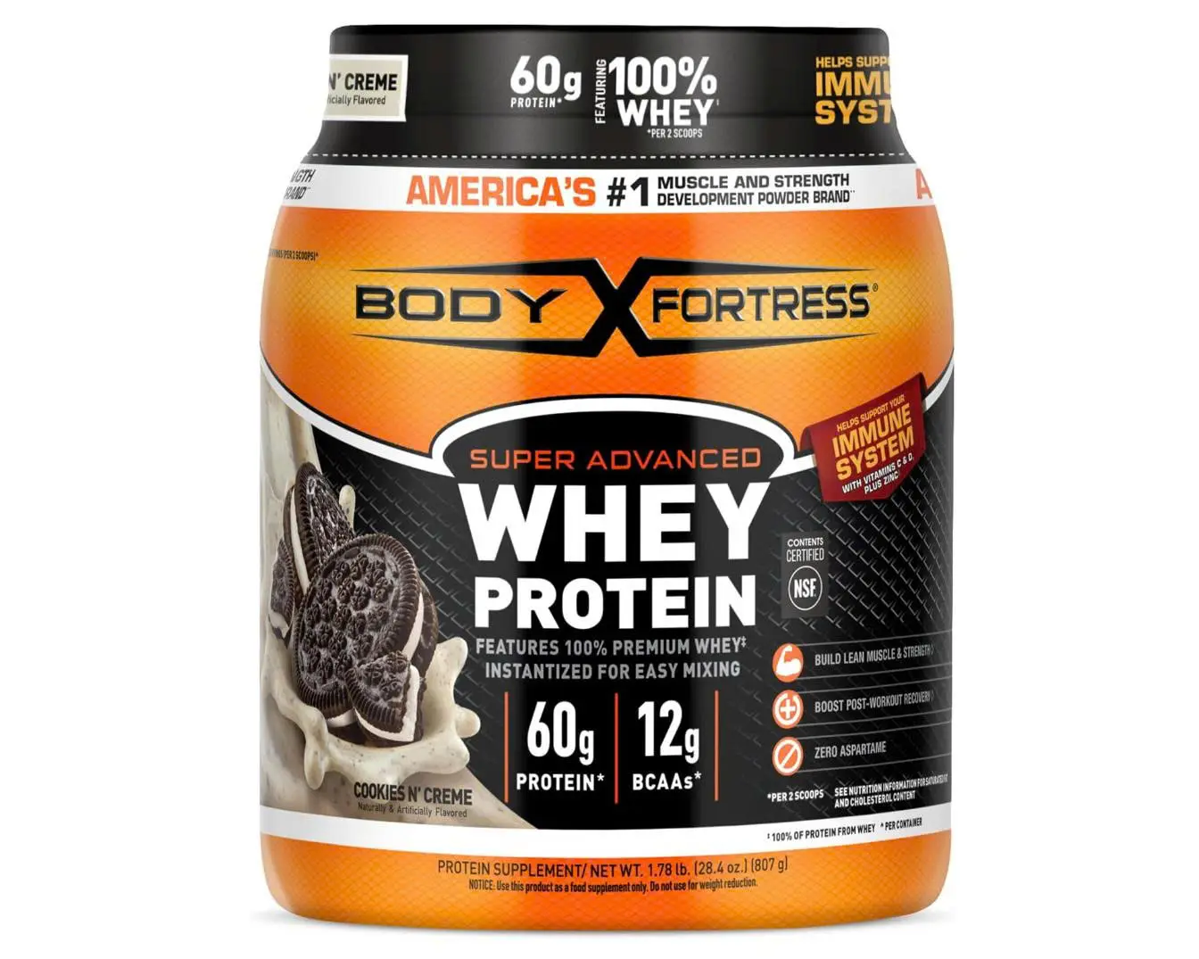 Body Fortress Super Advanced Whey Protein Powder, Cookies N’ Creme, 60g Protein & 12g BCAAs Per 2 Scoops, Muscle Gain & Recovery, Immune Support with Vitamins C & D, 1.78lbs (Packaging May Vary)