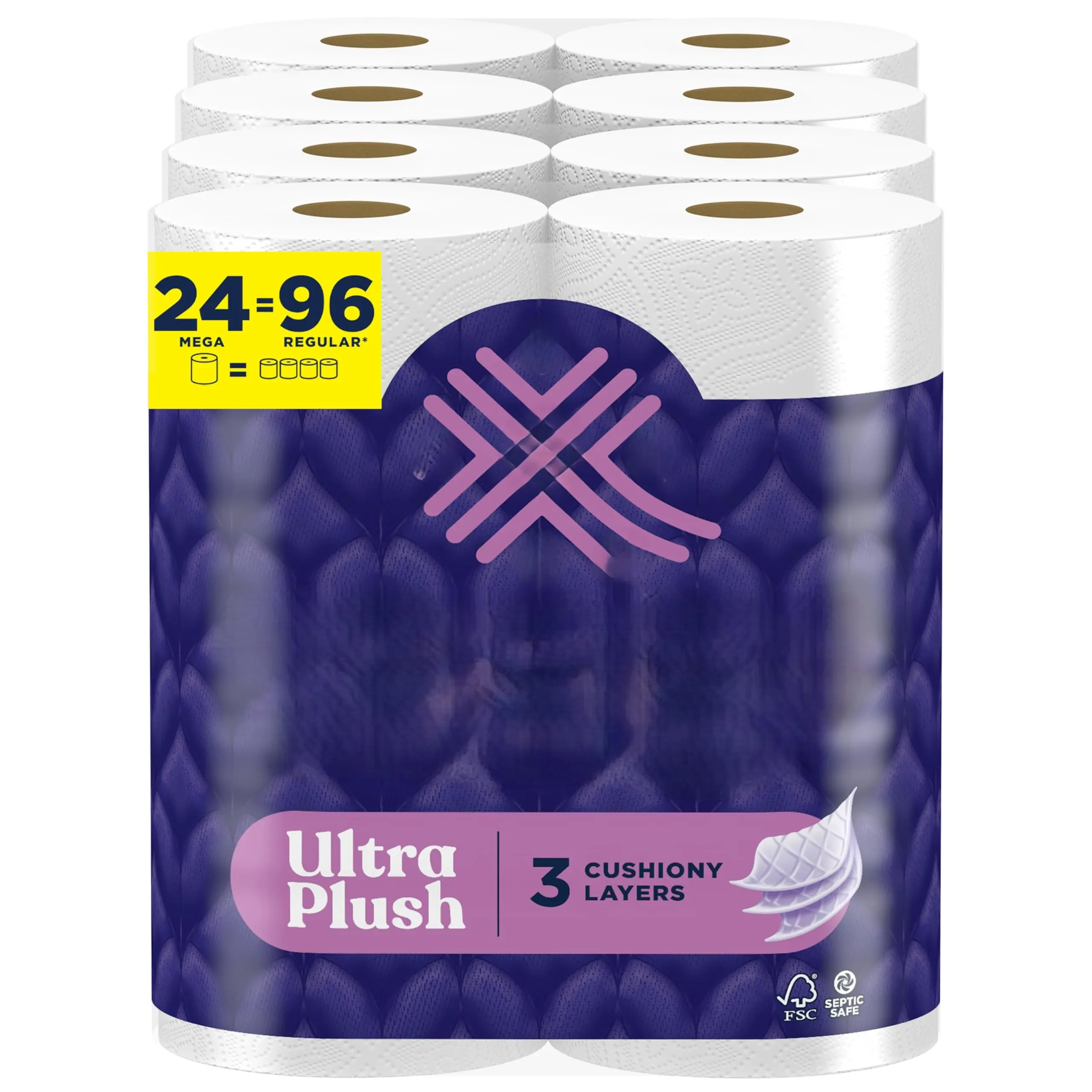 Ultra Plush Unscented 3-Ply Toilet Paper, 24 Mega Rolls (Equals 96 Regular Rolls), 255 Cushioned Highly Absorbent Long-Lasting Sheets, Bathroom Use Home Supplies Pack
