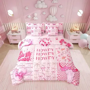 Feelyou 7-Piece Ultra Soft Microfiber Luxe Cowgirl Print Bedding Set - Soft Breathable Bedding, Preppy Sheets, Western Boots Hat Comforter, Hot Pink Howdy Bed Bag, Cozy Blanket, Queen Bedding Sets for Girls