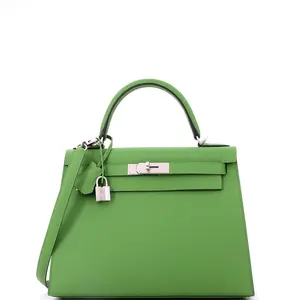 Pre-owned HERMÈS Leather Top Handle Bags Hermes Kelly Handbag Vert Yucca Epsom with Palladium Hardware 28 by Rebag