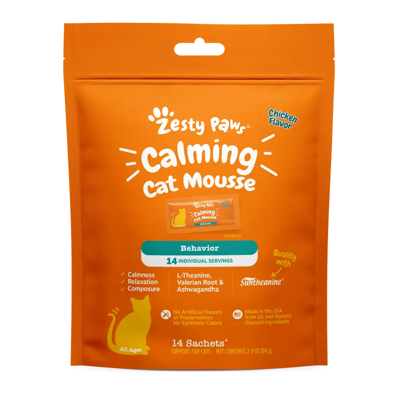 Zesty Paws Calming Cat Mousse - 14 Sachets per Bag with Suntheanine for Calmness Relaxation and Composure in Chicken Flavor Treats Supplements