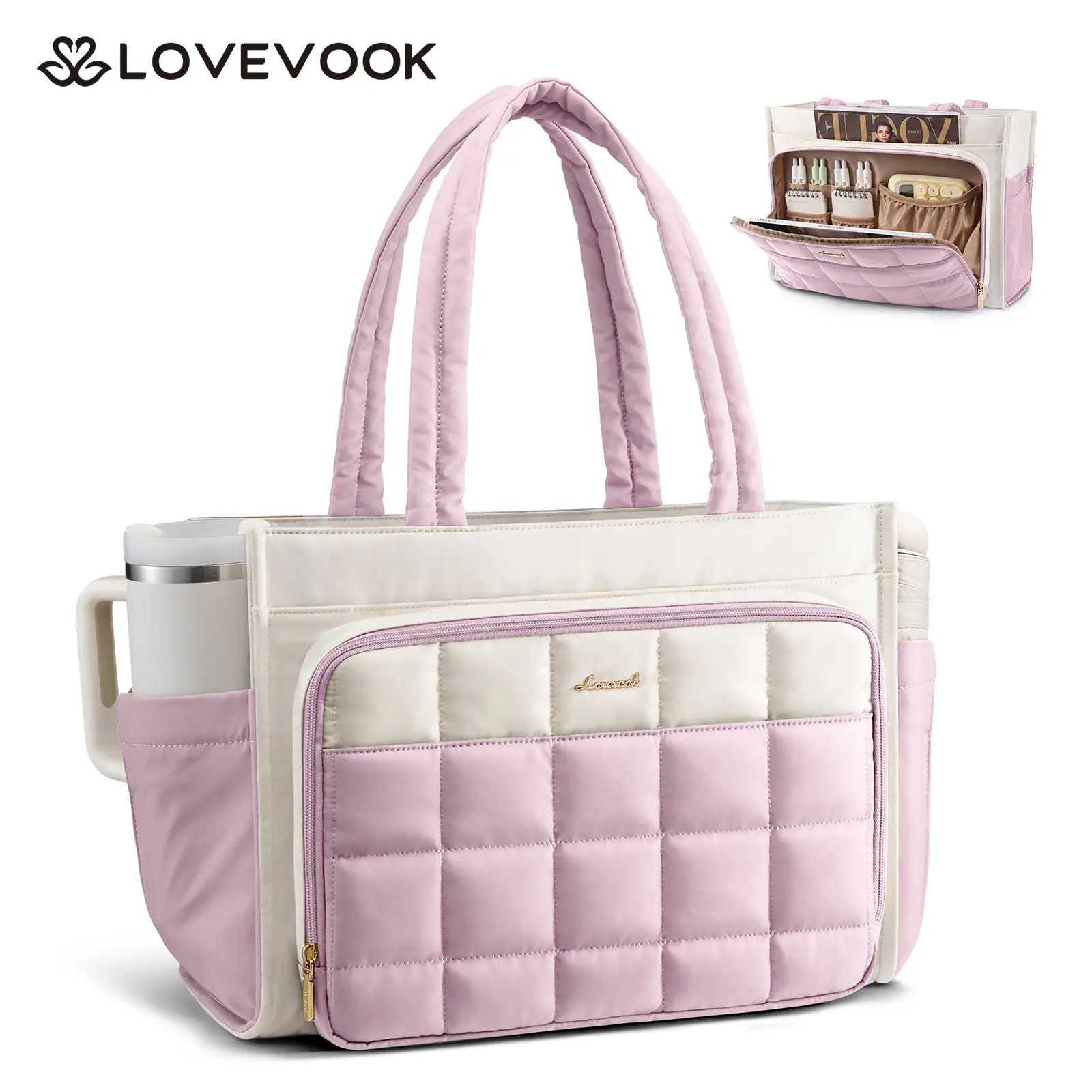 LOVEVOOK Stylish Quilted Laptop Tote Bag for Women, 11 Multi Pockets, Side Pocket Fits 40oz Tumbler, Inner Frame No Collapse, Ultra Light 1.6LB, Large Capacity Wide Opening, Padded Laptop Sleeve, Perfect for Work, Teacher, Nurse & Mommy Daily Use
