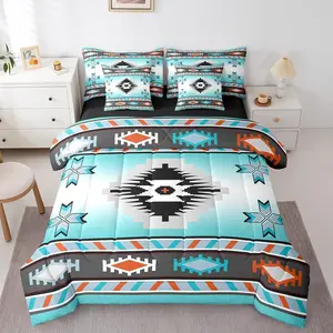 Western 7 Piece Comforter Set,Bed in a Bag,Bohemian Exotic Tribal Bedding Set,for Boys Girls Retro Ethnic Aztec Southwestern Indian Sheet Set with Comforter,Teal White