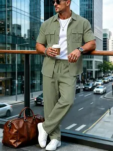 Men's Business Casual Linen Two-Pocket Collared Short Sleeve Shirt and Pants Set, Comfortable and Stylish for Daily Wear