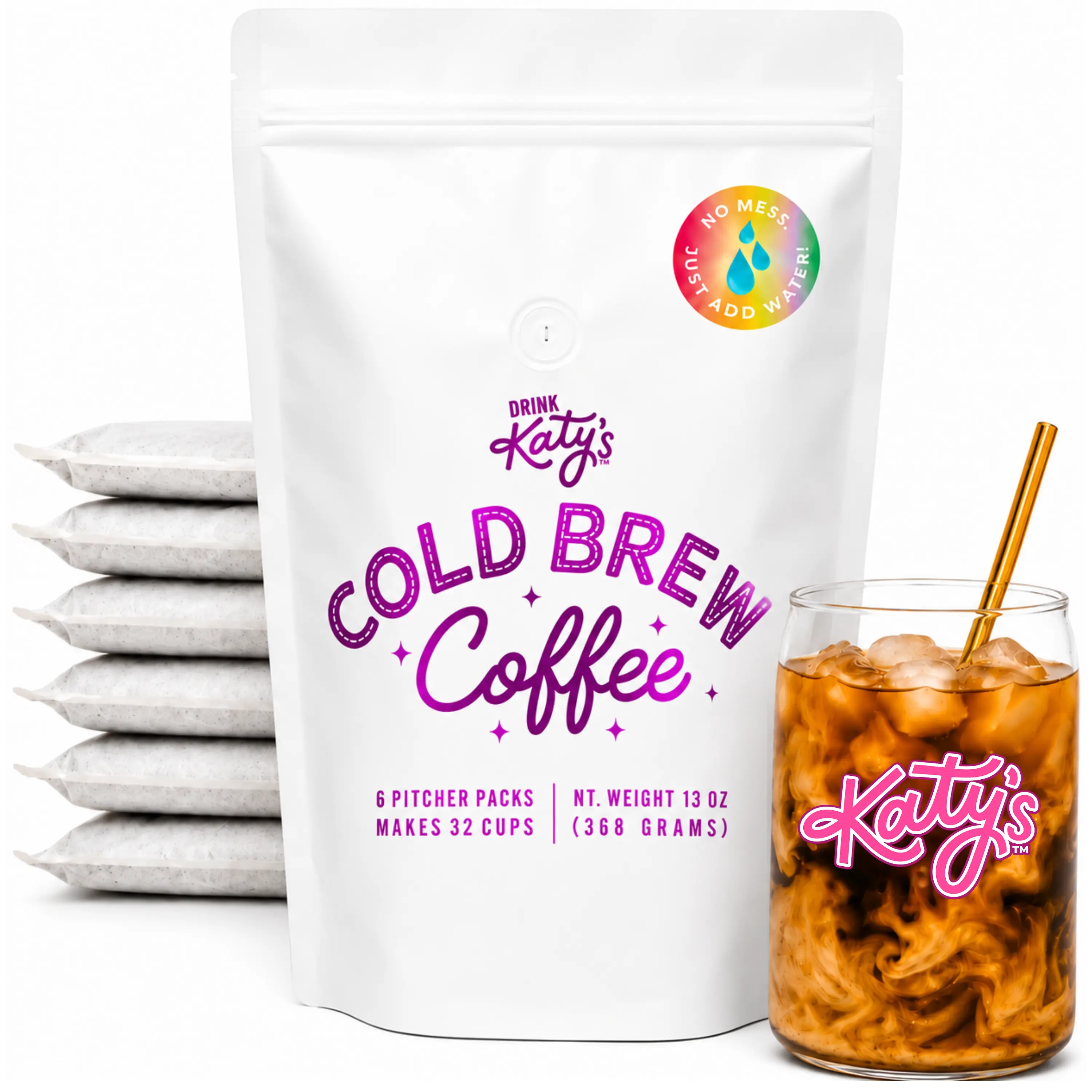 Katy’s Cold Brew Coffee Bags (Makes 32 Cups) Just Add Water & Steep - Smooth, Low-Acid, No Bitter Aftertaste – Medium-Dark Brazil Roast – 6 Large Pitcher Packs – Woman Owned
