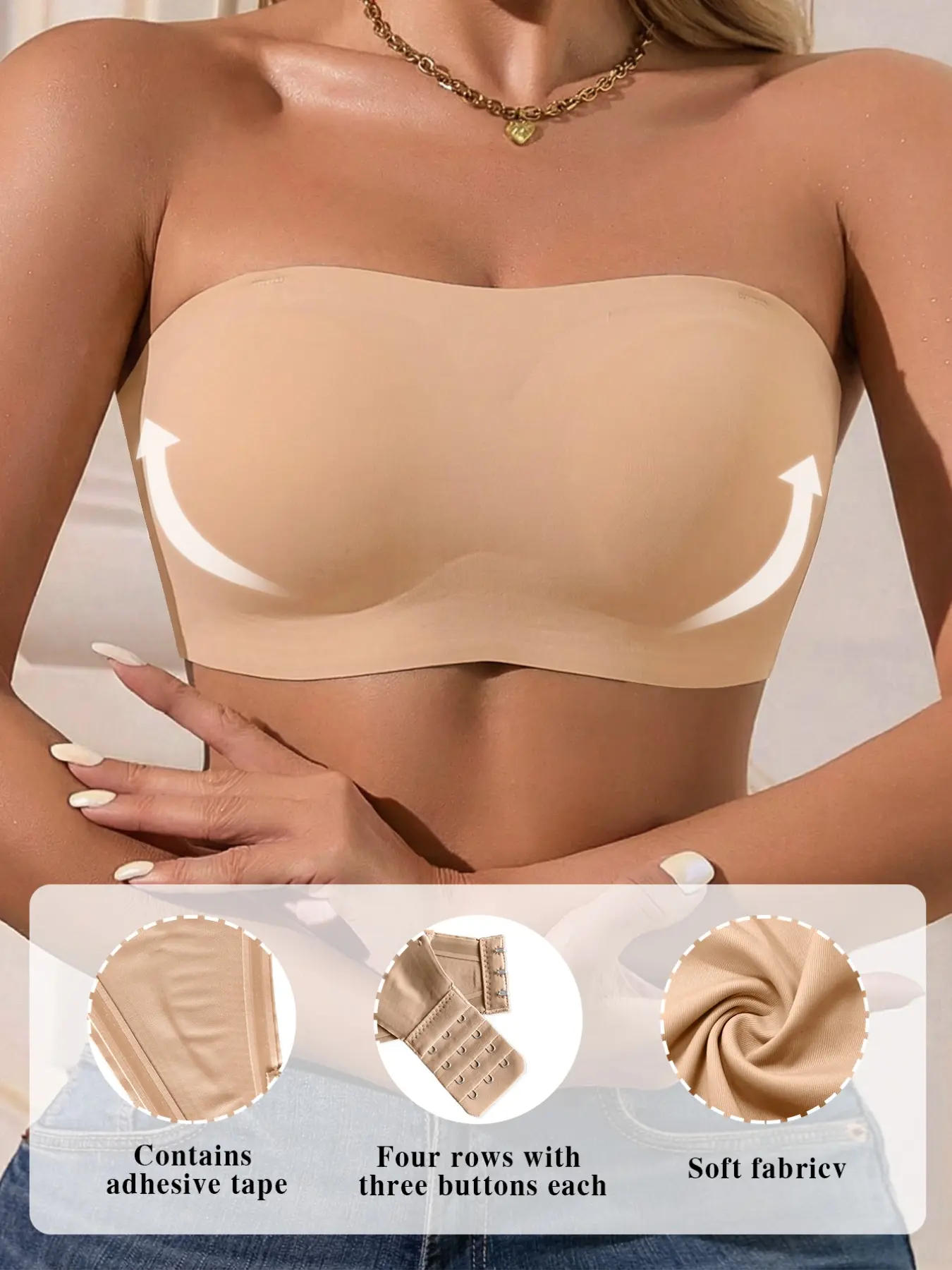 Seamless Wireless Strapless Bandeau Bra, Adjustable, Full Anti-Slip Silicone Grips Inside, Multi-Row Back Hooks For Custom Fit, Invisible Under Backless & Off-Shoulder Dresses