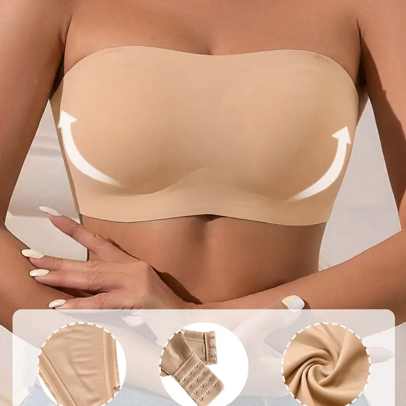 Seamless Wireless Strapless Bandeau Bra, Adjustable, Full Anti-Slip Silicone Grips Inside, Multi-Row Back Hooks For Custom Fit, Invisible Under Backless & Off-Shoulder Dresses, Adjustable Bras