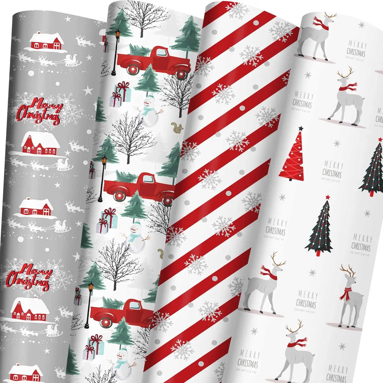 White Christmas Wrapping Paper Bundle for Kids Adults - Reindeer, Stripes, Woodlands