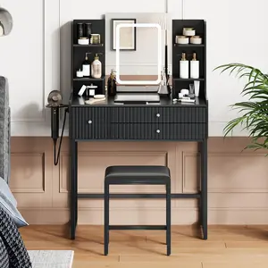Fluted Makeup Vanity Desk with Mirror & LED Lights Small Vanity Table with Power Outlet 3 Drawers & 4 Storage Shelves Modern Dressing Table Set for Bedroom