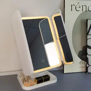 Makeup Mirror with Lights, 2X/3X/5X Magnification Vanity Mirror, 3 Colors Dimmable Soft Light 360° Rotation Smart Touch | Rechargeable Portable Trifold Mirror for Travel/Dorm/Room, Gift for Women