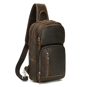 LANNSYNE Full Grain Leather Sling Bag For Men Crossbody Chest Daypack fits 12.9" iPad