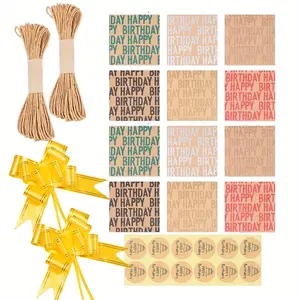 12 Sheets Happy Birthday Wrapping Paper for Boys Men Women Girls Gift Wrapping Paper, 50x70cm/19.68 x 27.55 inches Per Sheet, Brown Kraft Folded Paper with Jute Strings, Stickers and Bows for Birthday Occasions